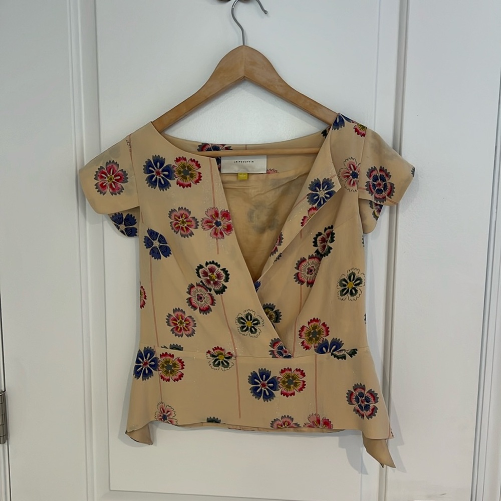 Anthropologie Beige Floral Wrap Blouse with Multicolor Flowers